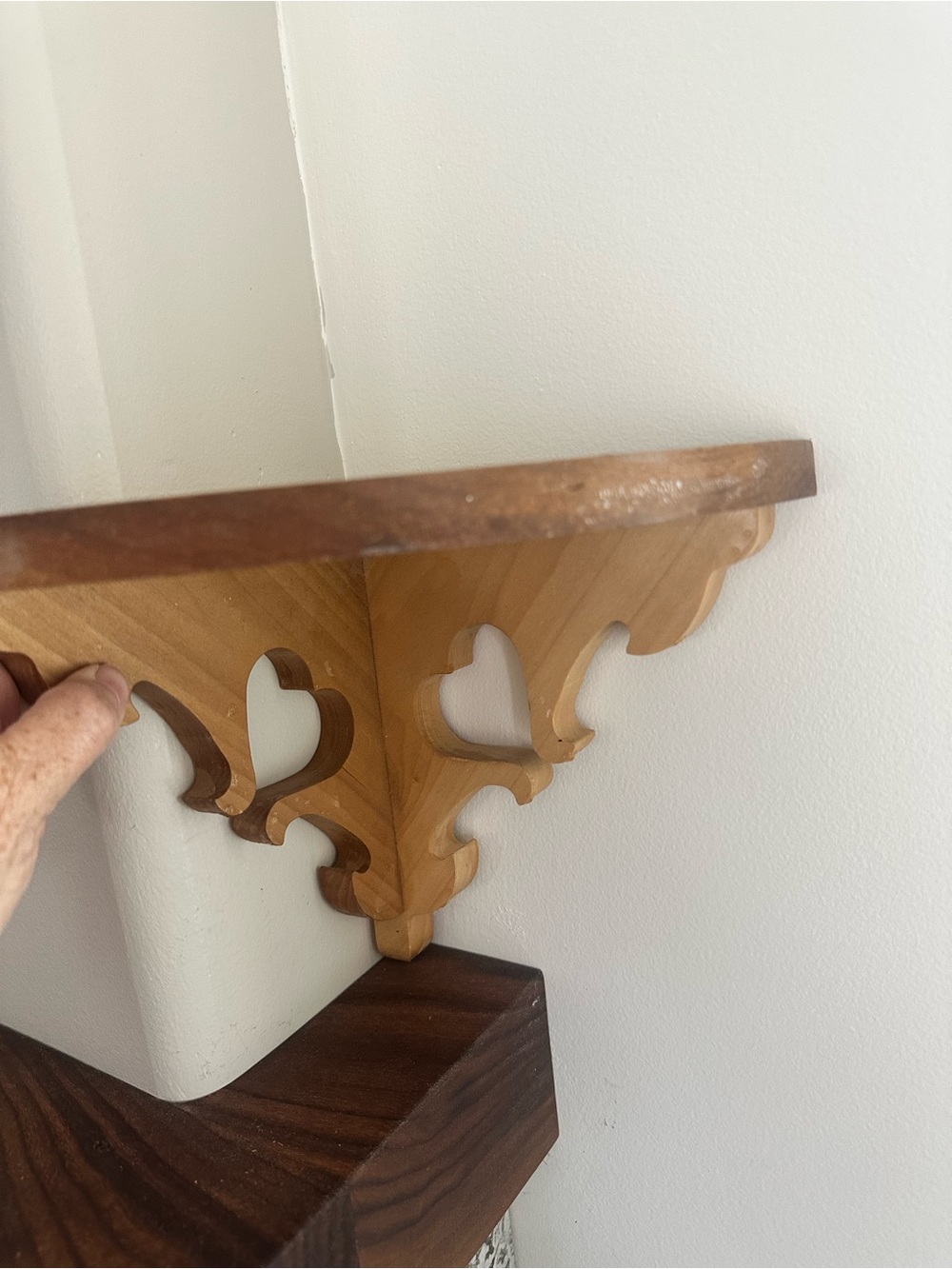 Vintage Wood Corner Wall Shelf Sconce with Scroll Cut Hearts - Natural Brown